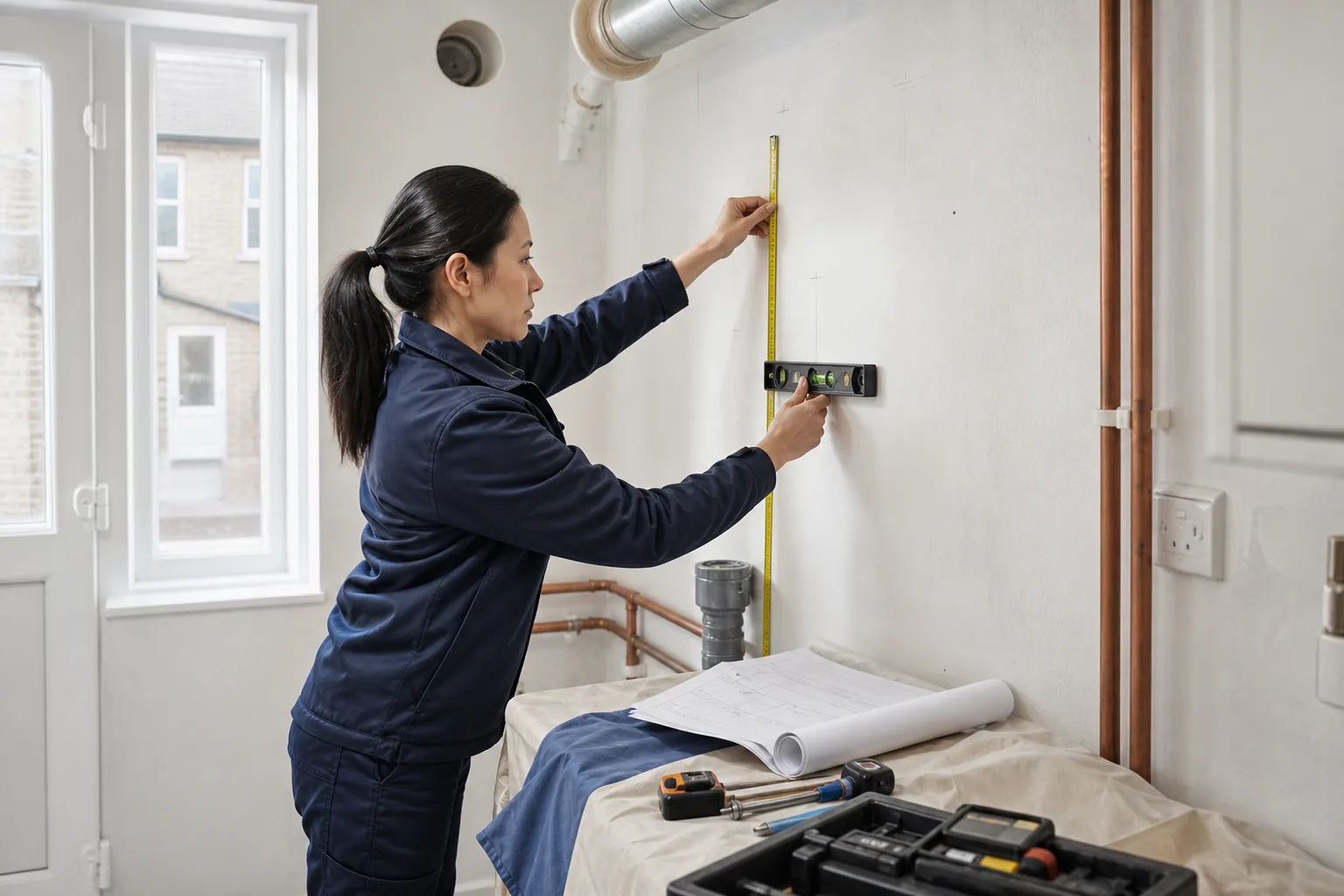 Heating engineer measuring and planning a boiler installation position in a London home