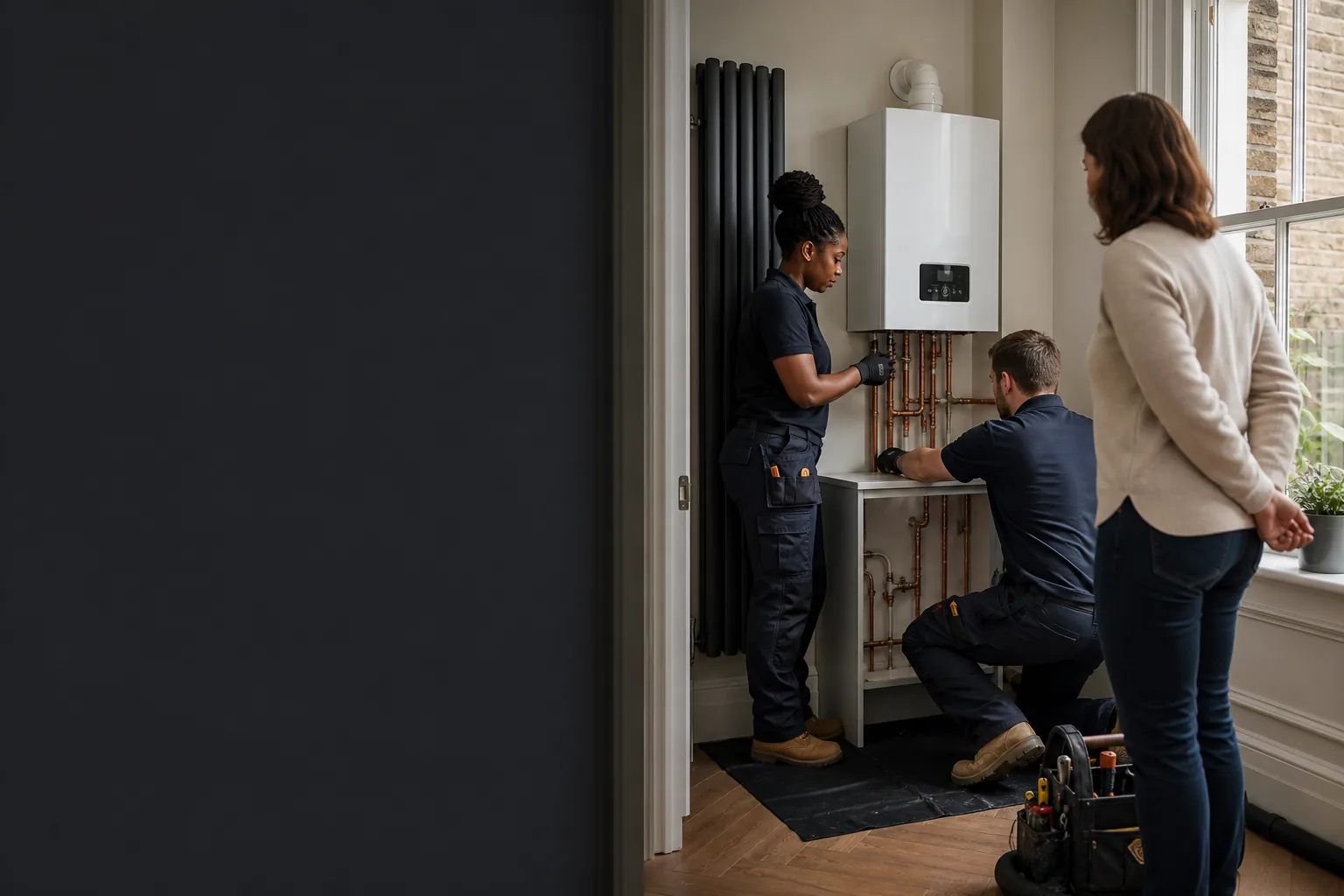 Heating engineers fitting a new boiler in a London townhouse