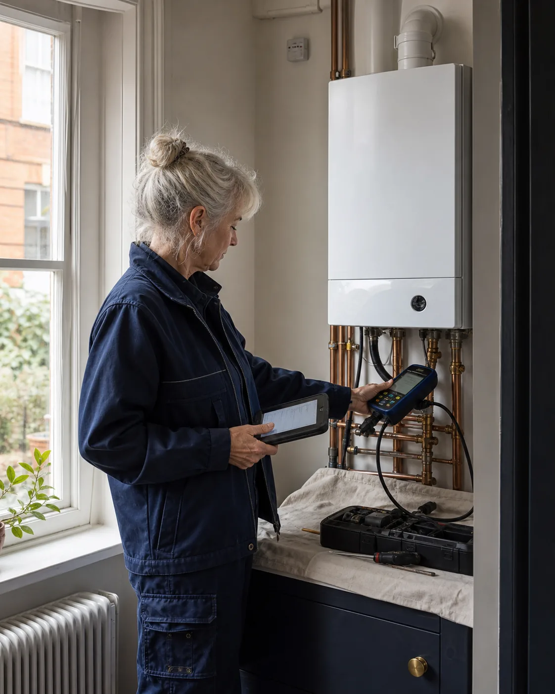 Heating engineer commissioning a newly installed boiler in a London home