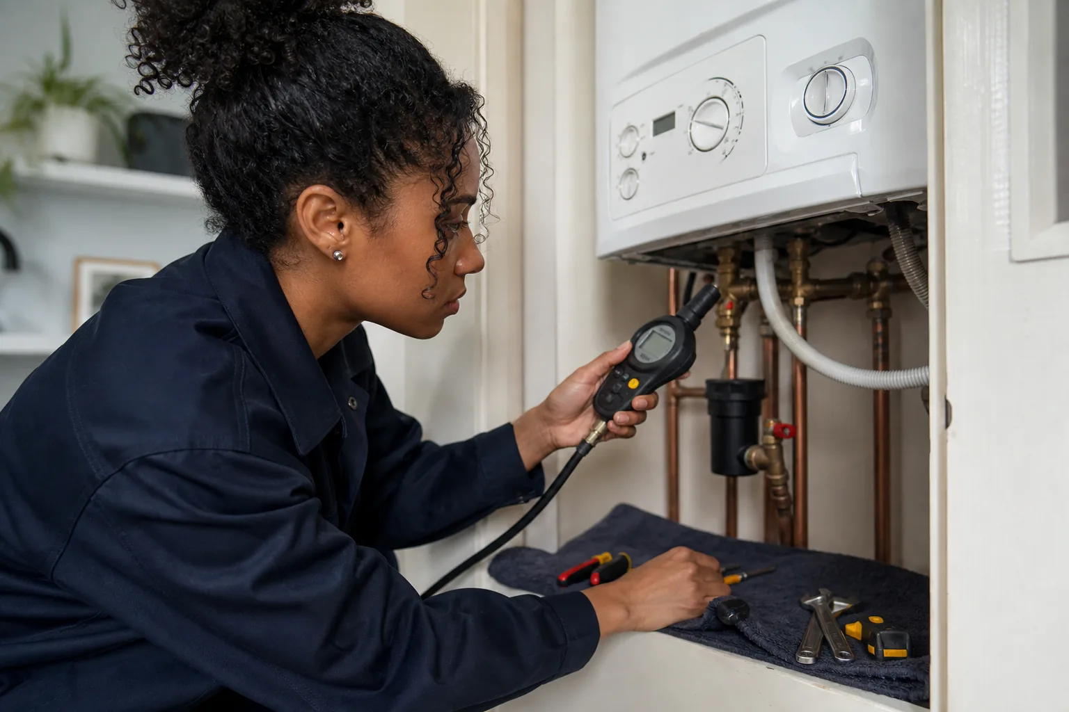 Heating engineer diagnosing a boiler pressure fault in a London home