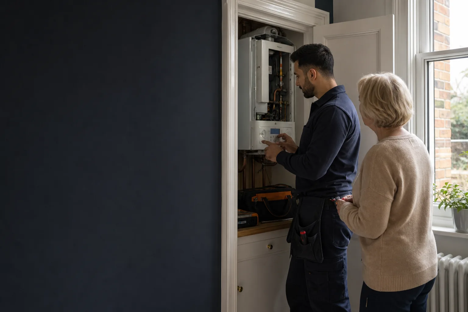 Heating engineer diagnosing a boiler fault with a homeowner in a London townhouse