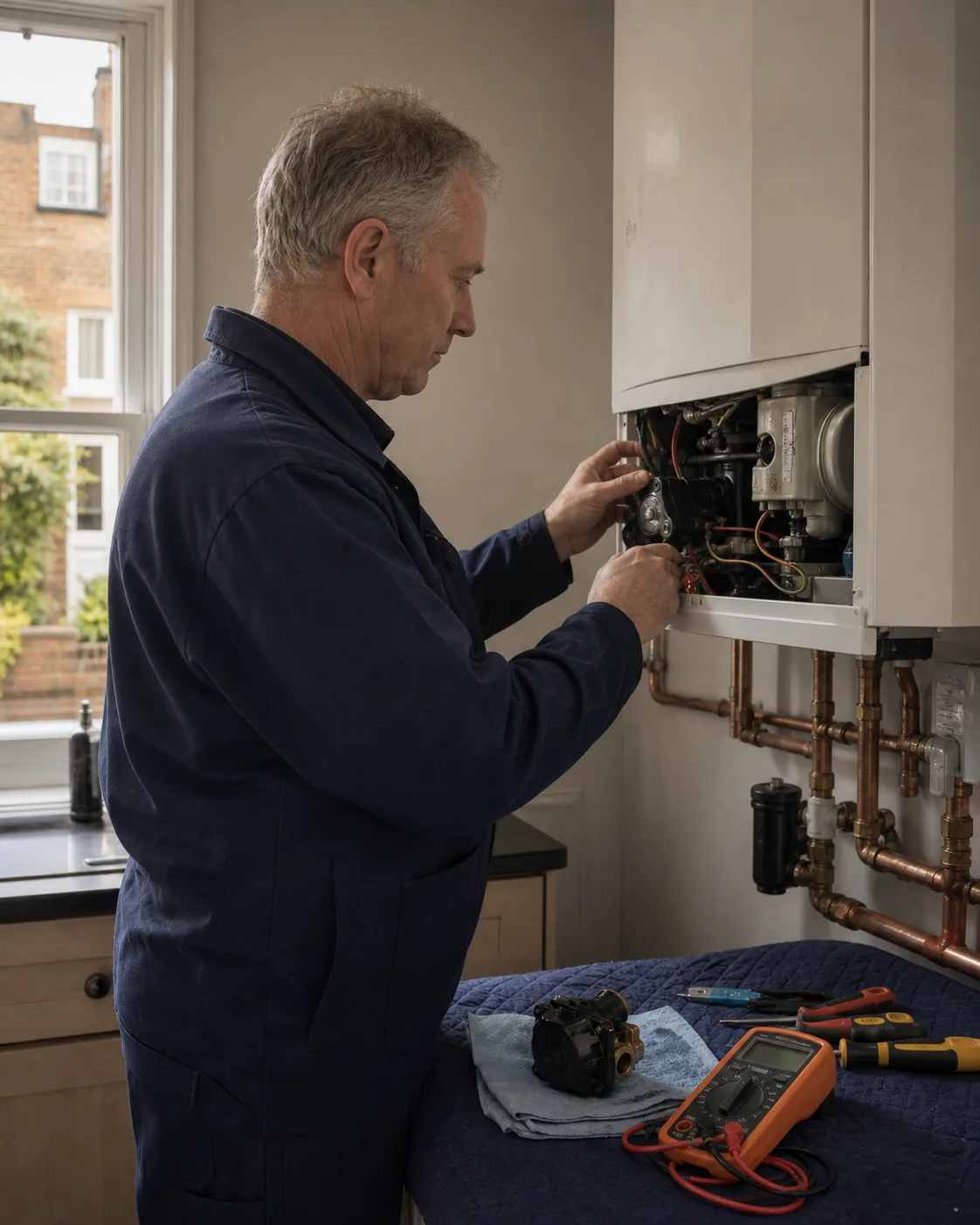 Heating engineer carrying out an agreed boiler repair in a London home