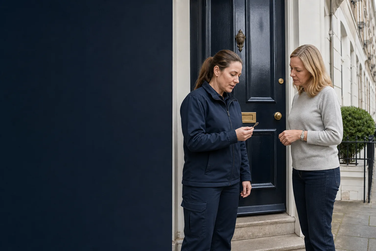 Locksmith discussing a snapped household key with a homeowner at a London townhouse