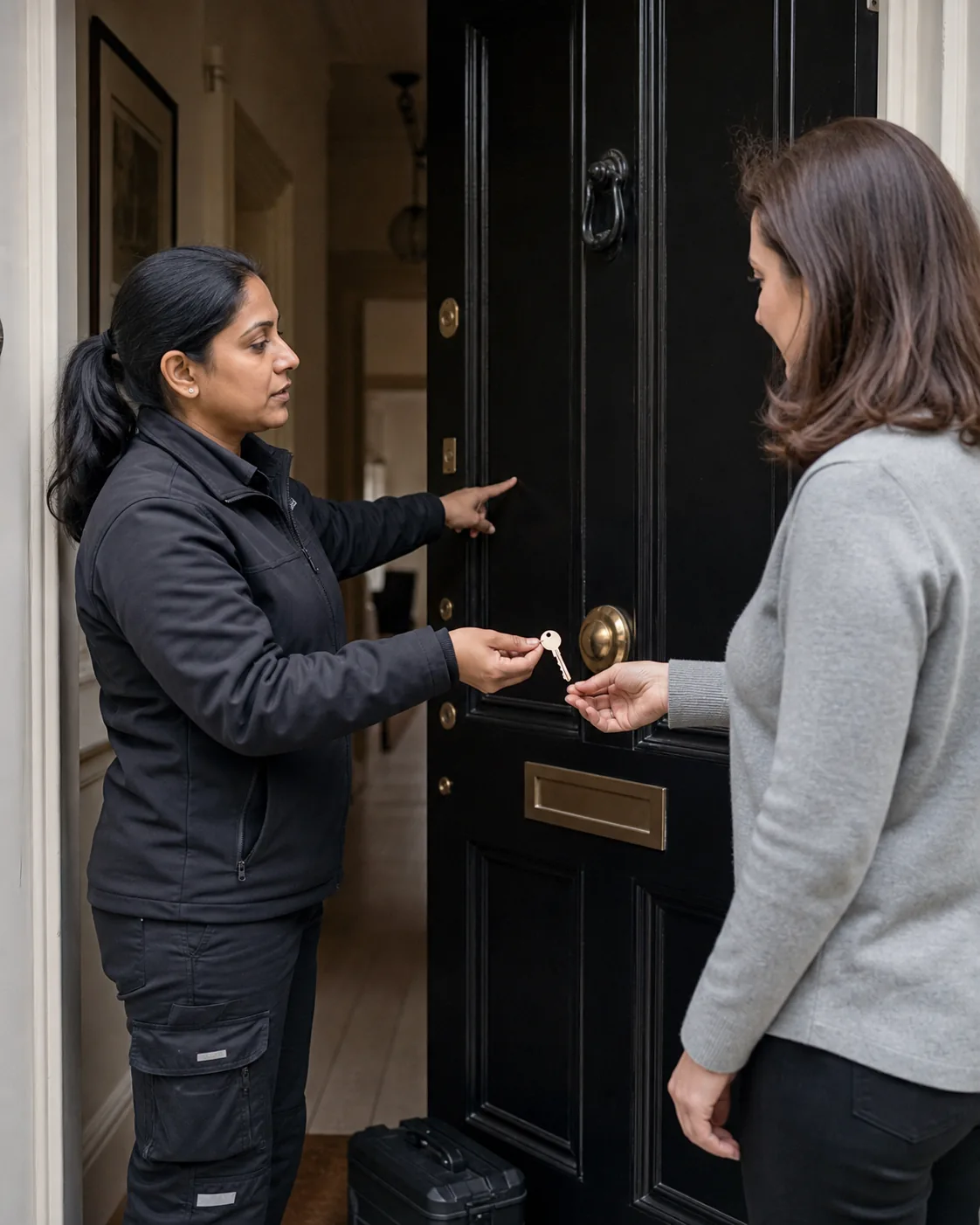 Locksmith handing a replacement household key to a homeowner after authorised work