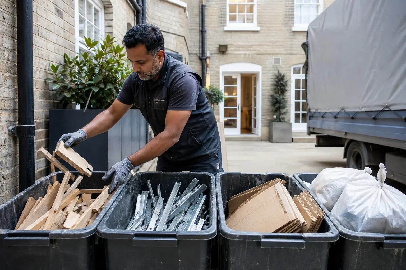 Waste professional sorting timber, metal and cardboard after a London renovation