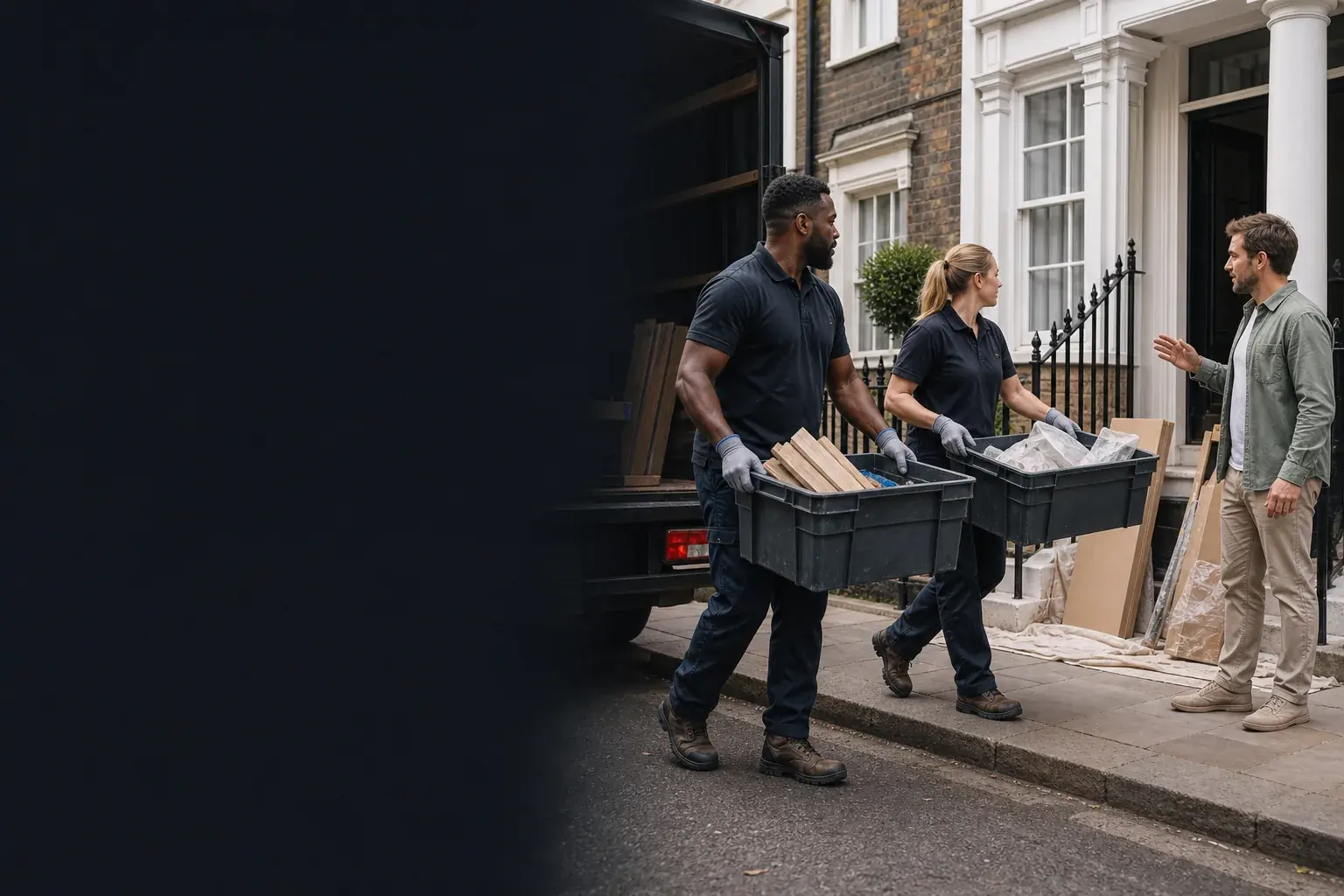 Waste removal team collecting sorted renovation debris from a London townhouse