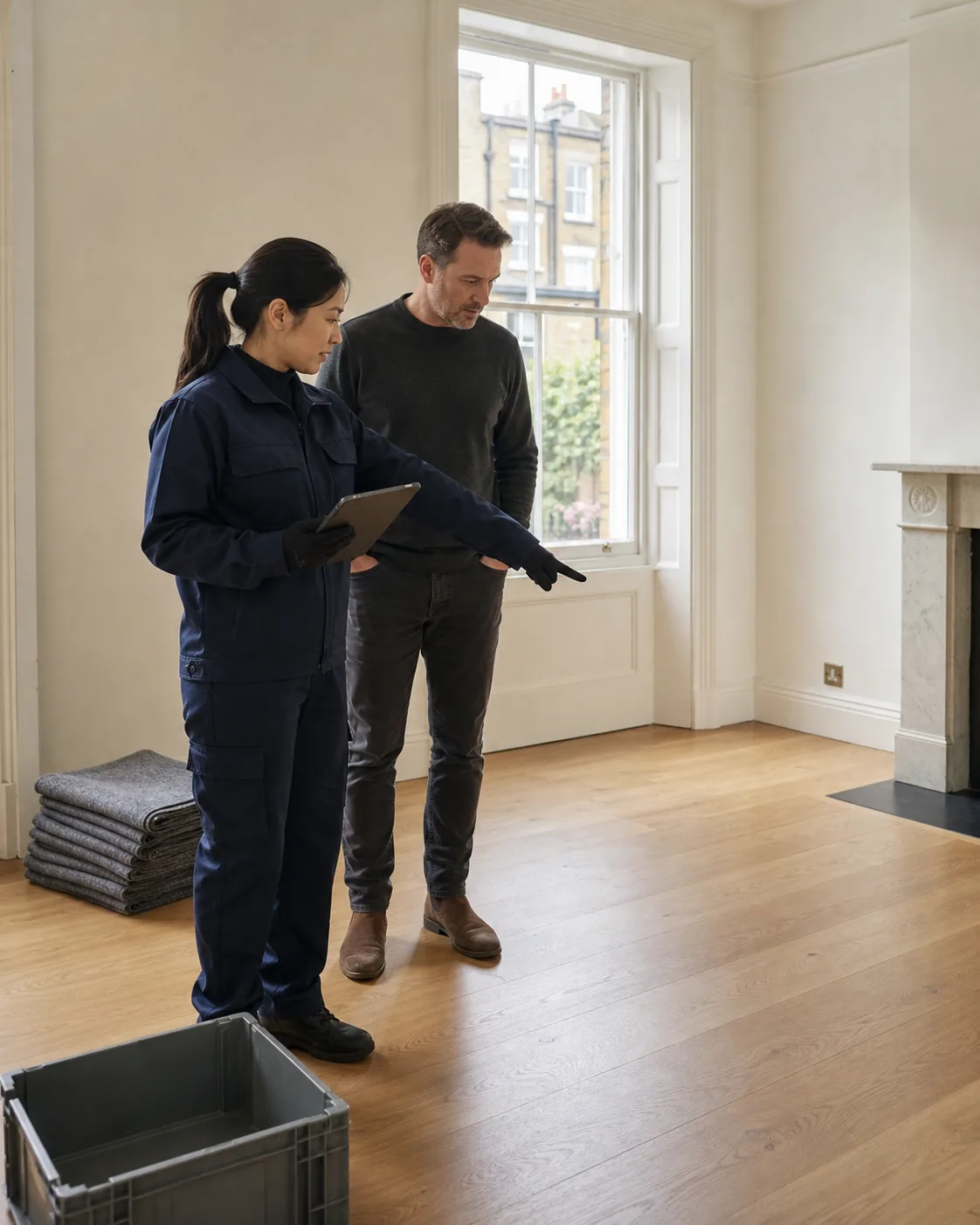 Waste removal professional completing a final room check with a London homeowner