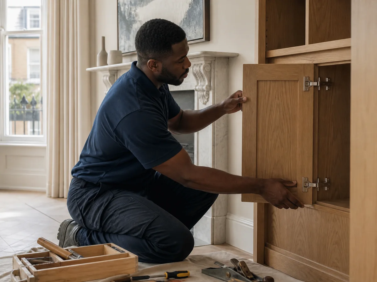 Carpenter aligning a bespoke oak cabinet door in a London home