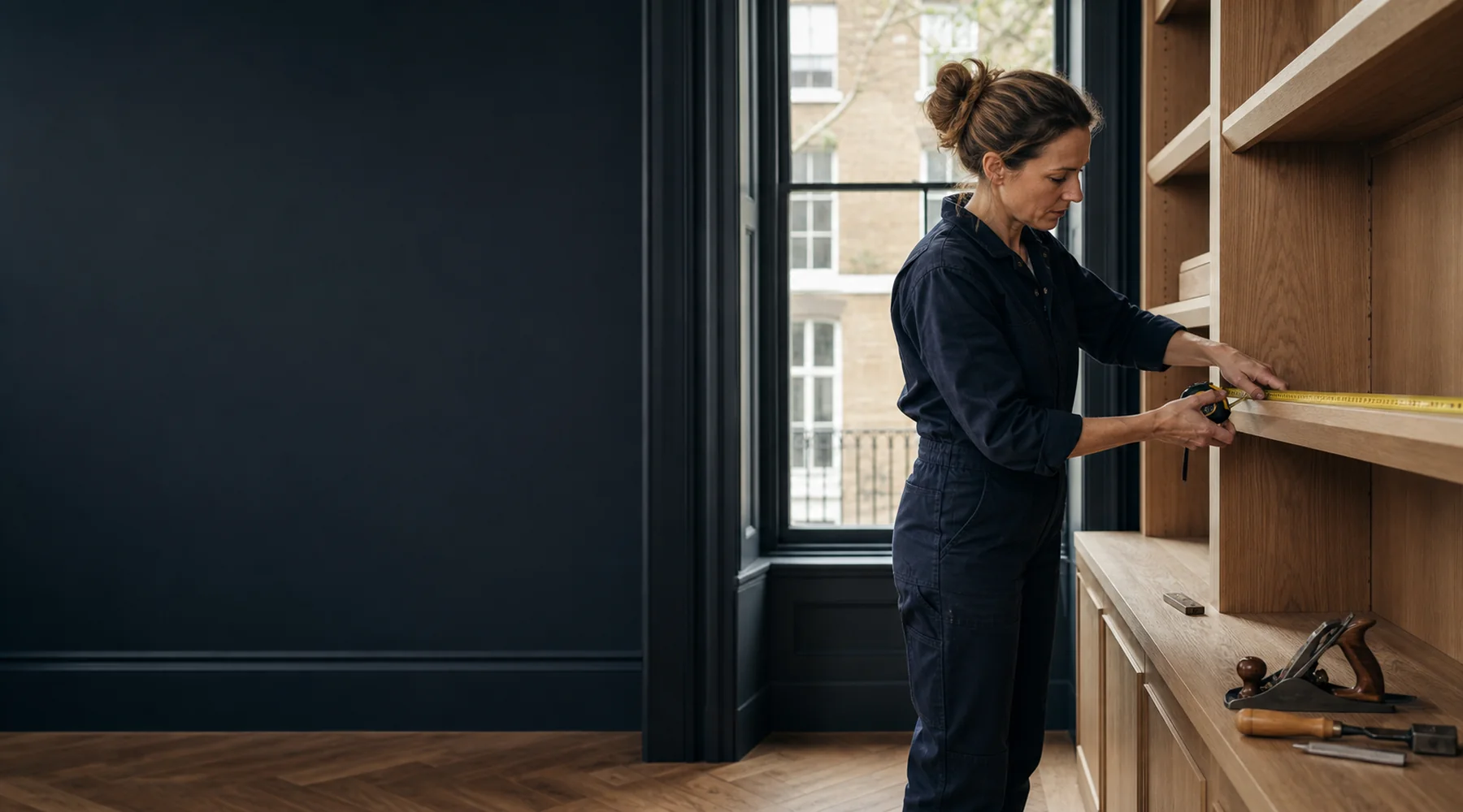 Carpenter measuring bespoke oak shelving in a London townhouse