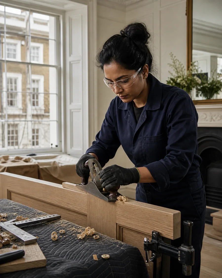 Carpenter hand-planing a timber door in a protected London home
