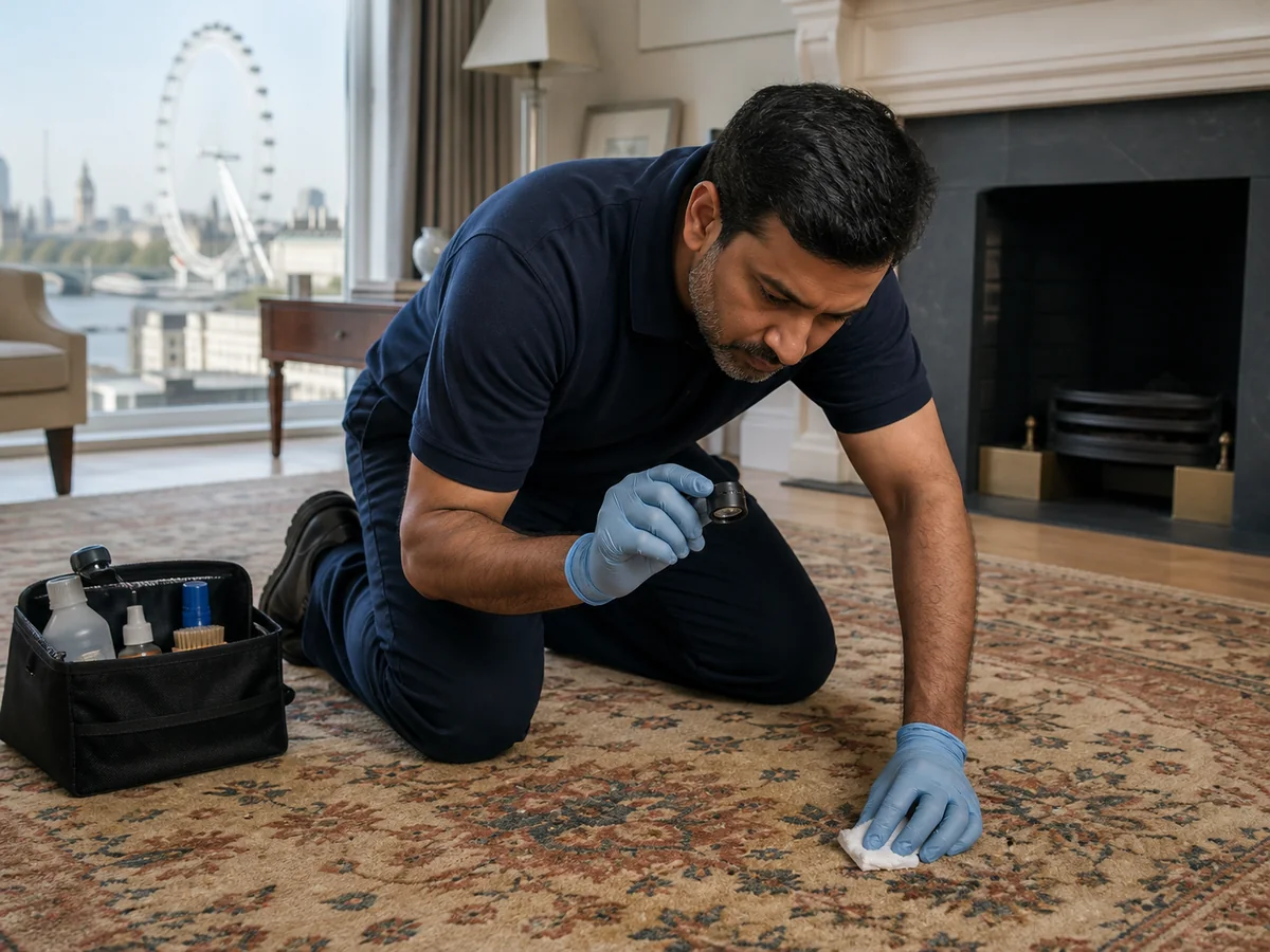 Carpet cleaning professional inspecting the fibre and colour stability of a patterned rug