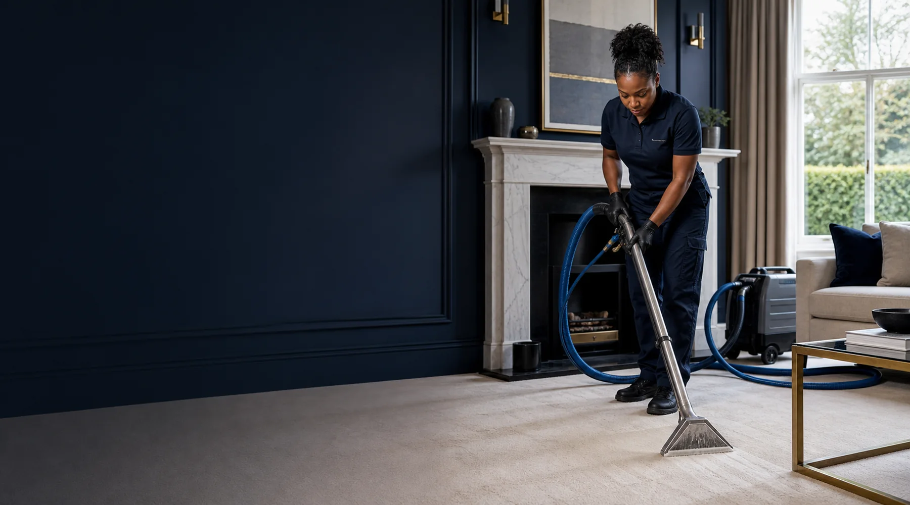 Carpet cleaning professional using hot-water extraction in a London sitting room