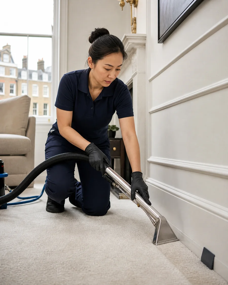 Carpet cleaning professional making a controlled extraction pass beside the skirting