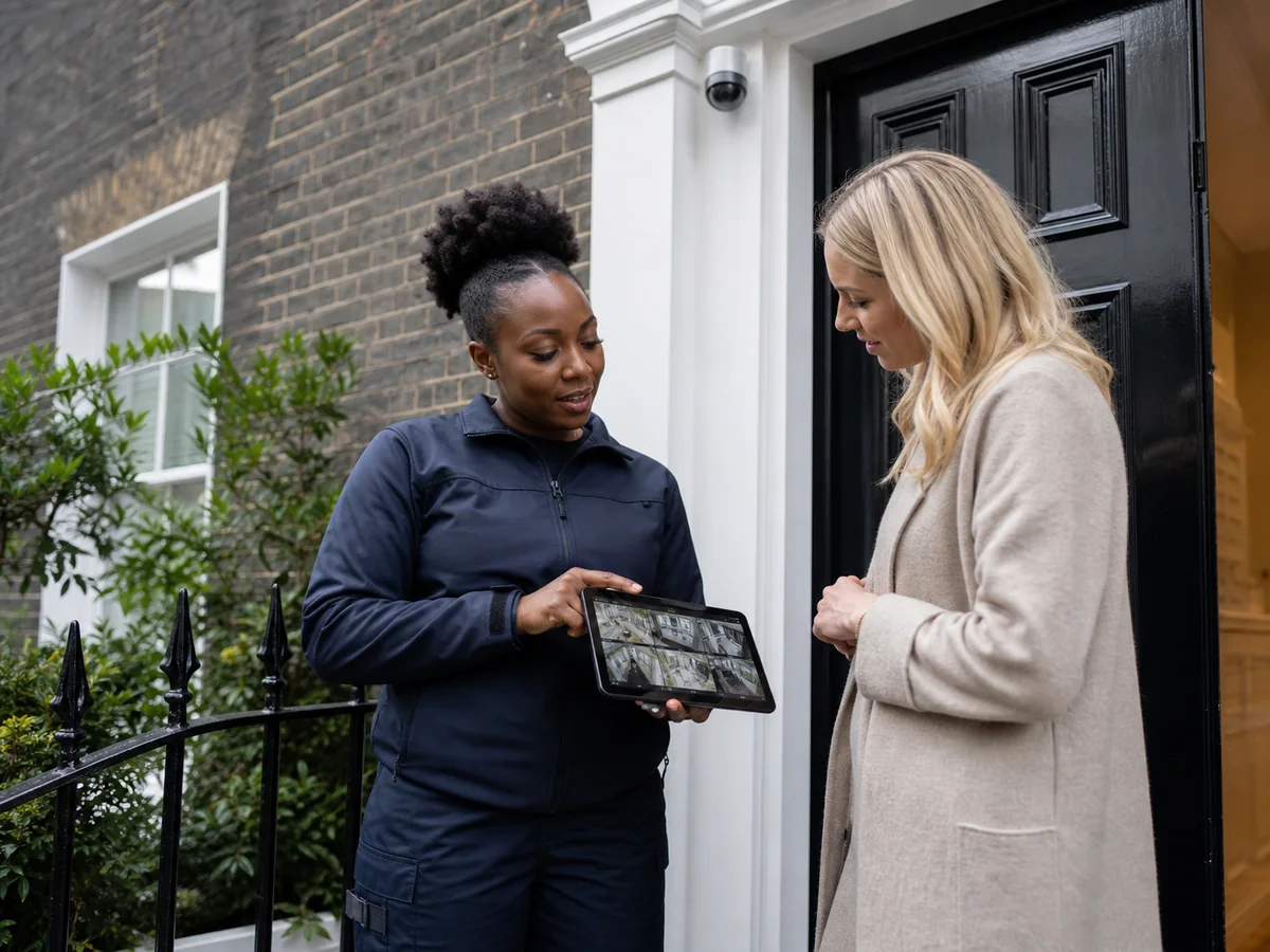 Security installer explaining CCTV camera views to a London homeowner