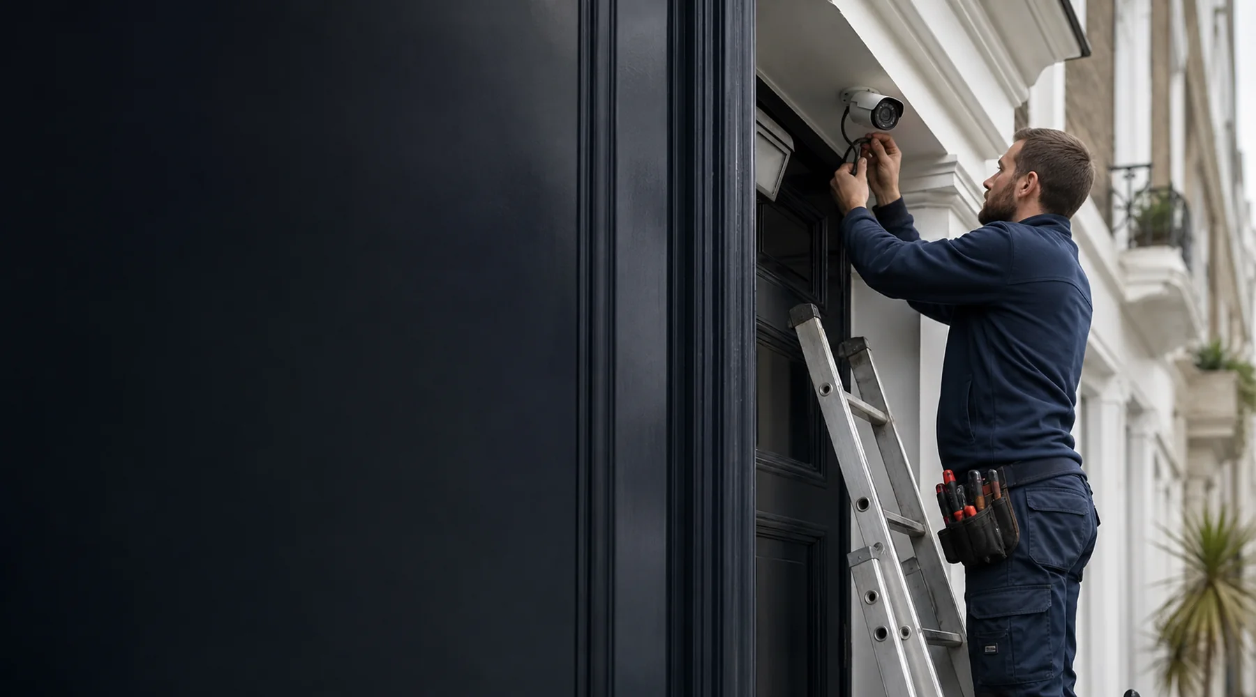 Security installer fitting a discreet CCTV camera at a London townhouse entrance