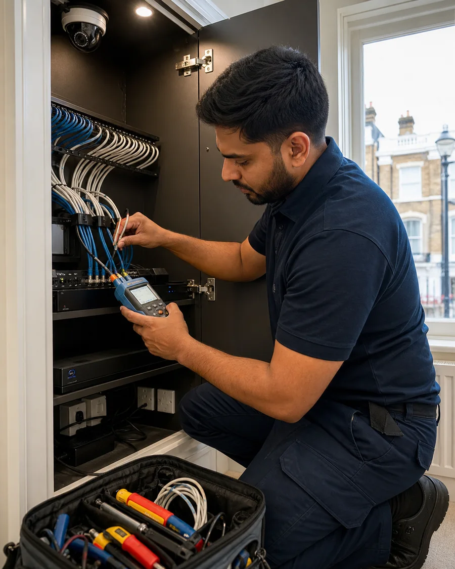 Security installer testing CCTV network cabling and recorder equipment