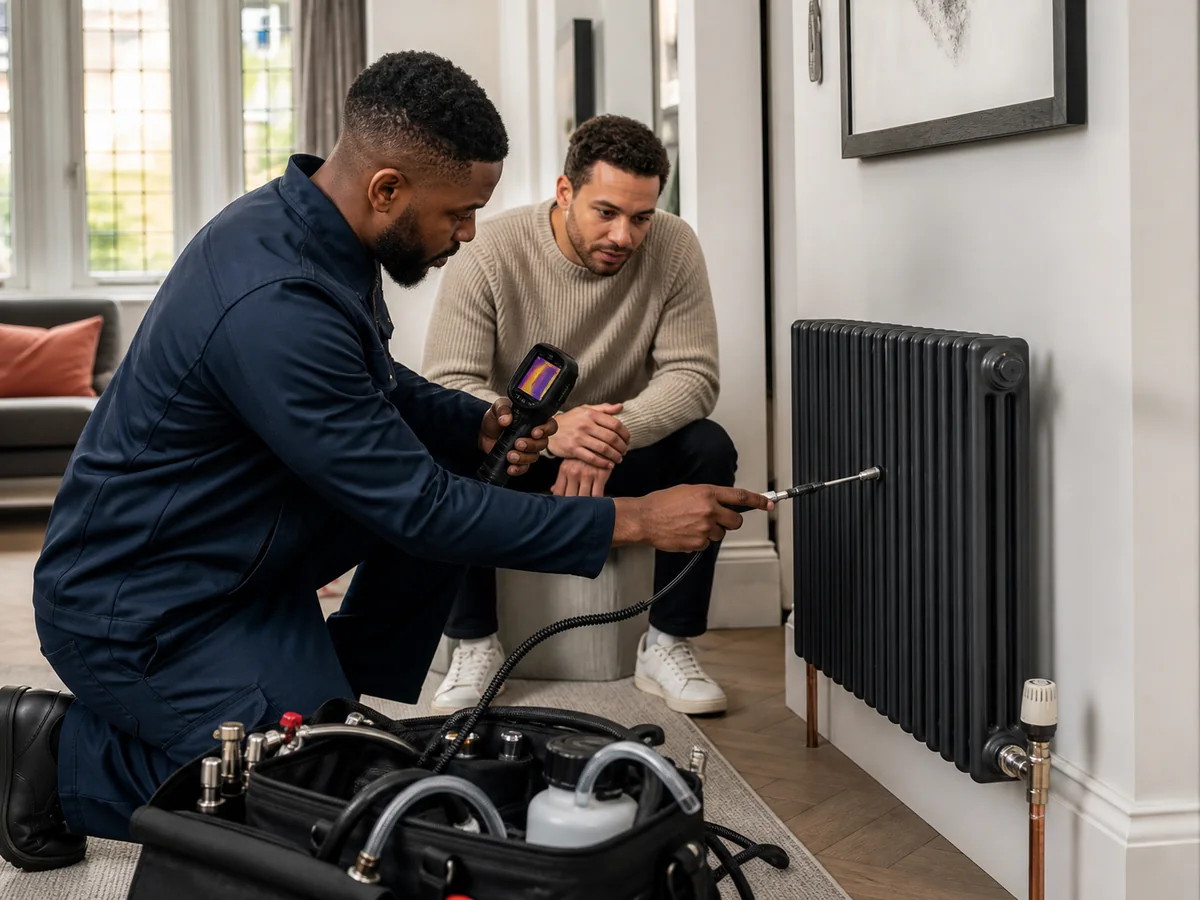 Heating engineer comparing radiator temperatures with a London homeowner
