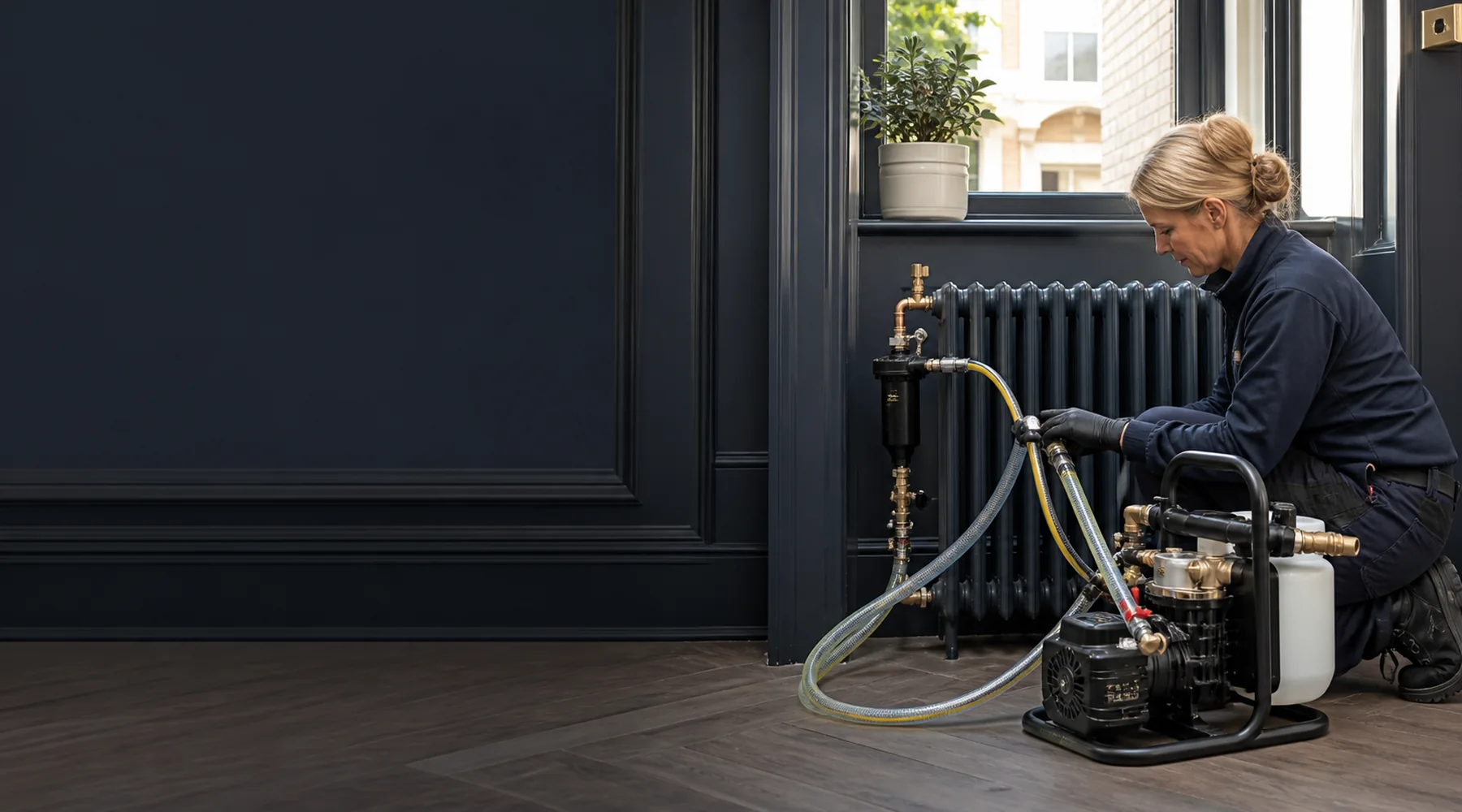 Heating engineer connecting professional power-flushing equipment to a radiator circuit