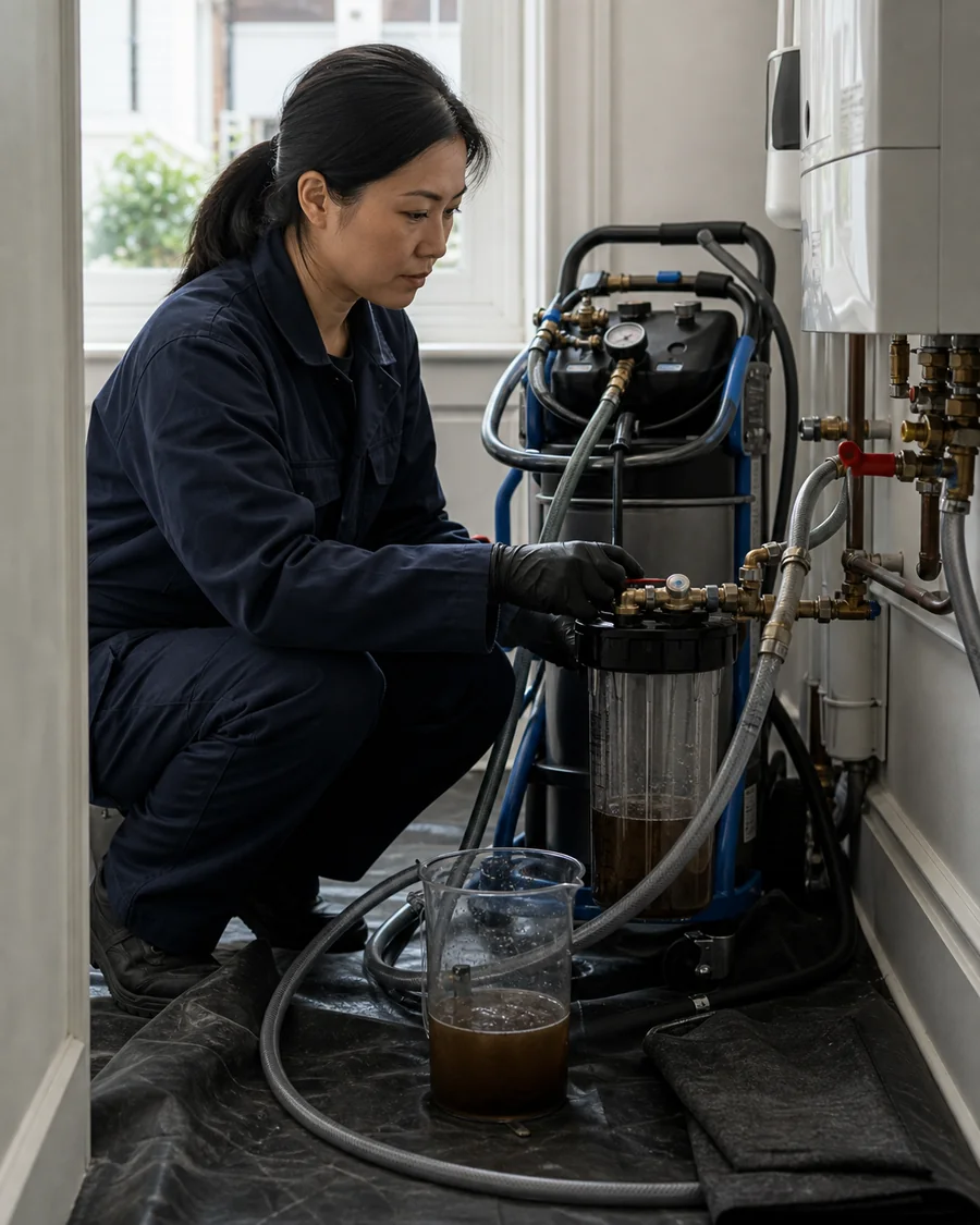 Heating engineer monitoring discharge water and magnetic filtration during a power flush