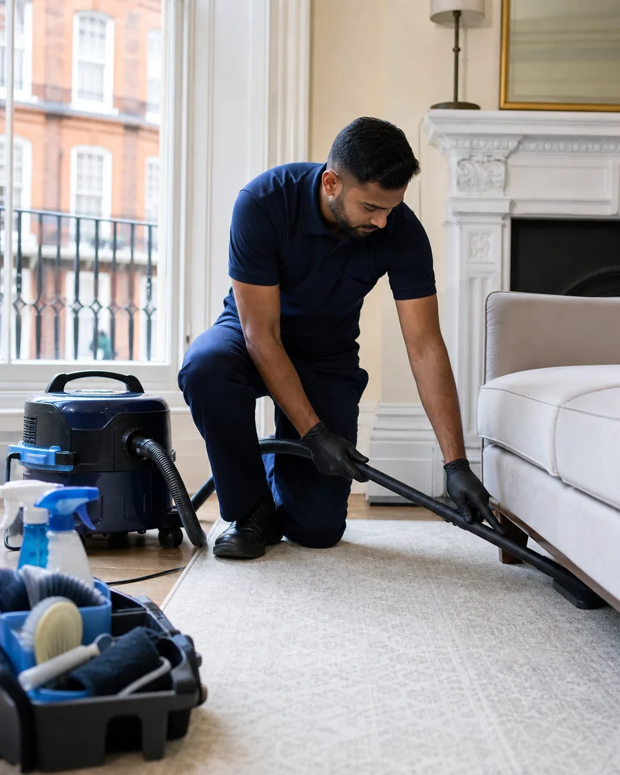 Cleaning professional vacuuming edges beneath accessible furniture in a London home