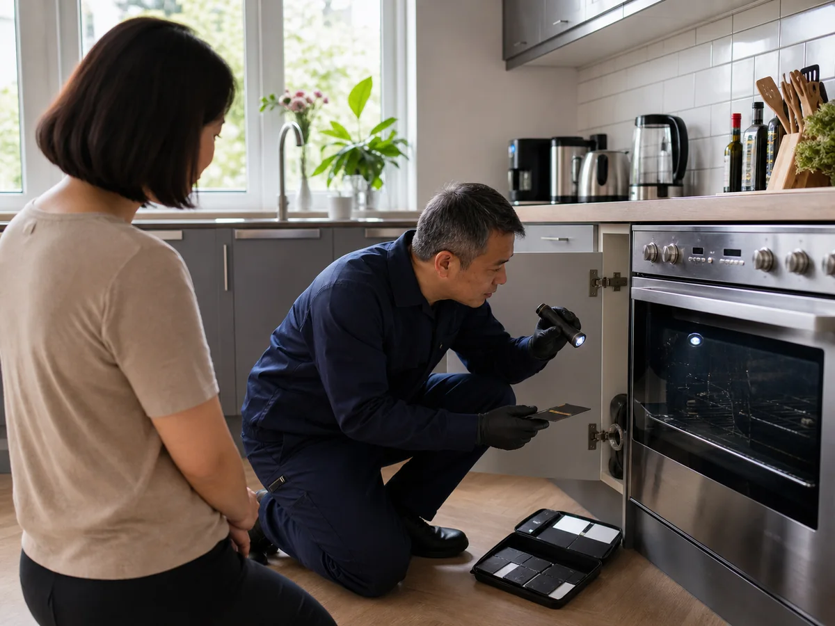 Pest control technician inspecting appliance gaps and monitoring traps with a homeowner