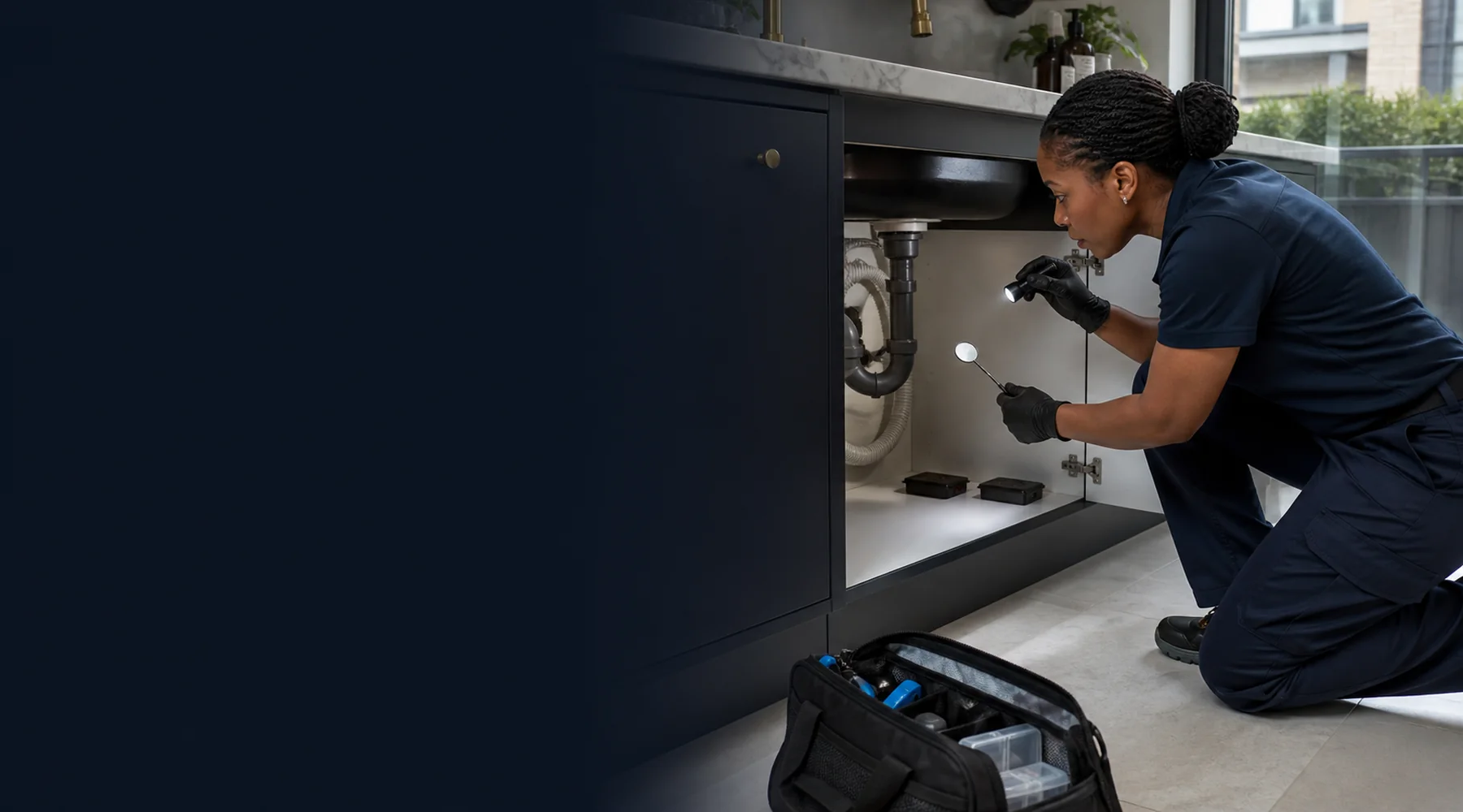 Pest control technician inspecting beneath a kitchen sink in a London home