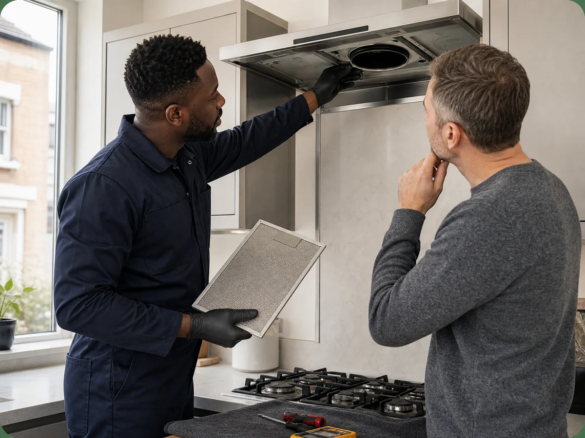 Cooker hood engineer showing a homeowner the removed grease filter and duct connection
