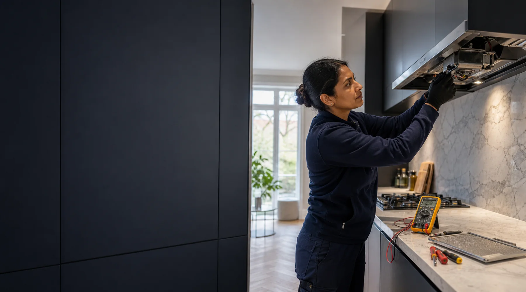 Female appliance engineer diagnosing a built-in cooker hood in a London kitchen