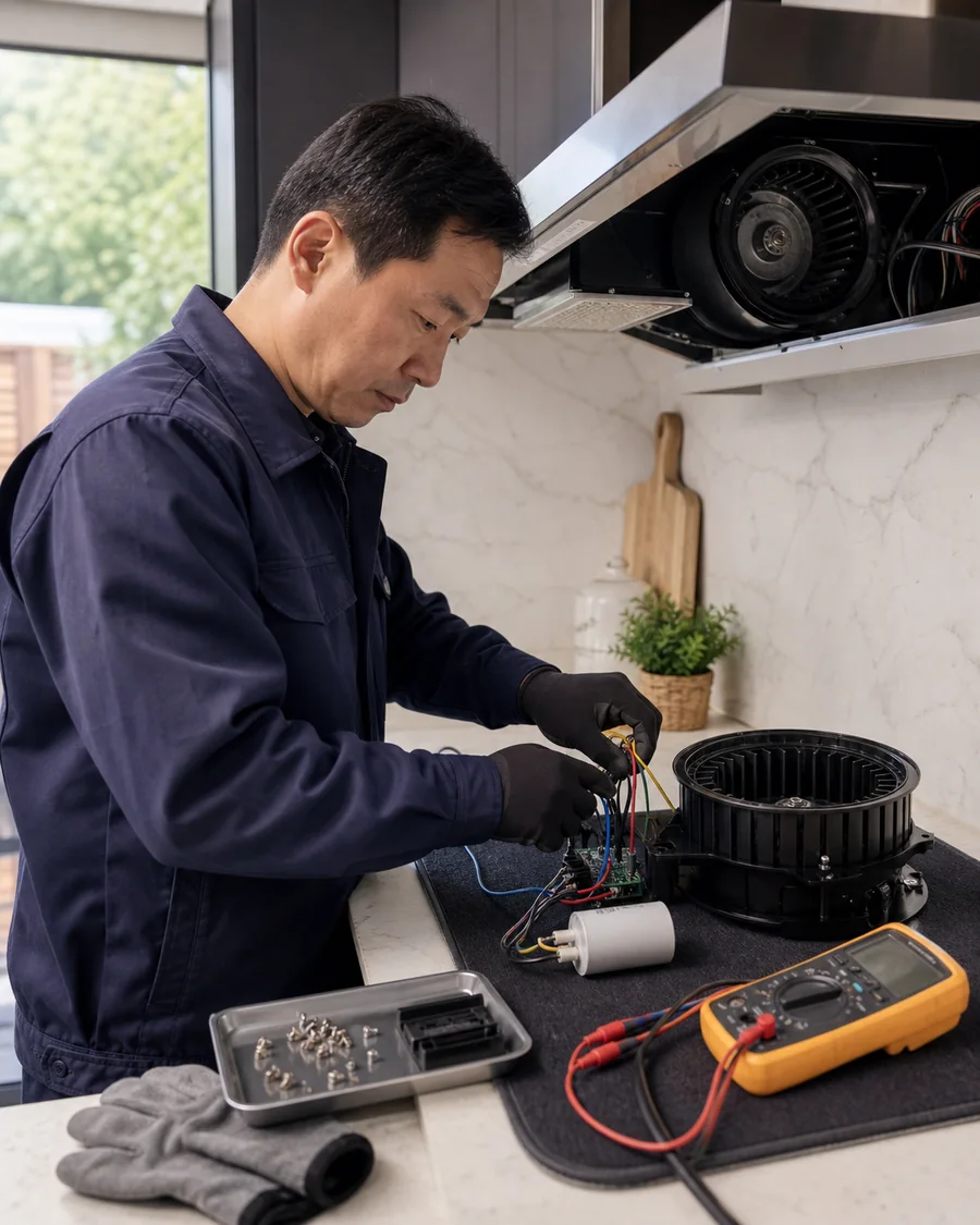 Cooker hood engineer testing the motor, capacitor and control module on a protected workbench