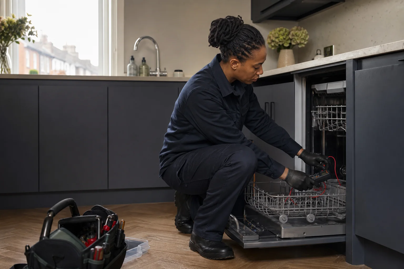 Female appliance engineer diagnosing an integrated dishwasher in a London kitchen