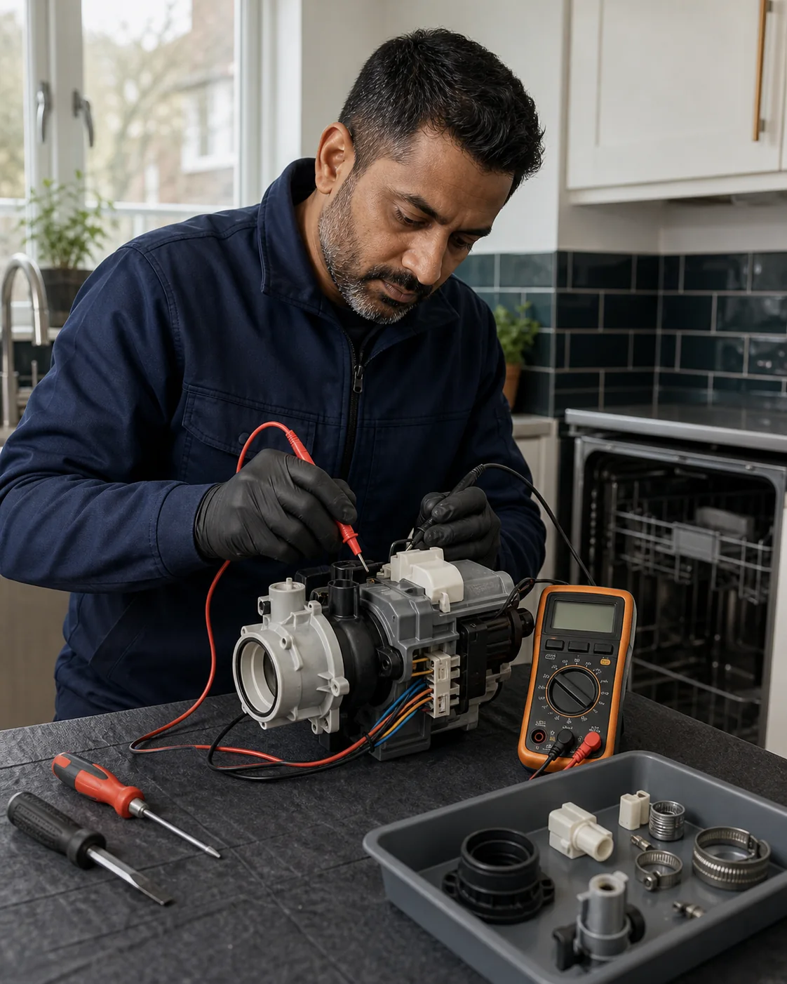 Dishwasher engineer testing a circulation pump and control assembly on a protected workbench