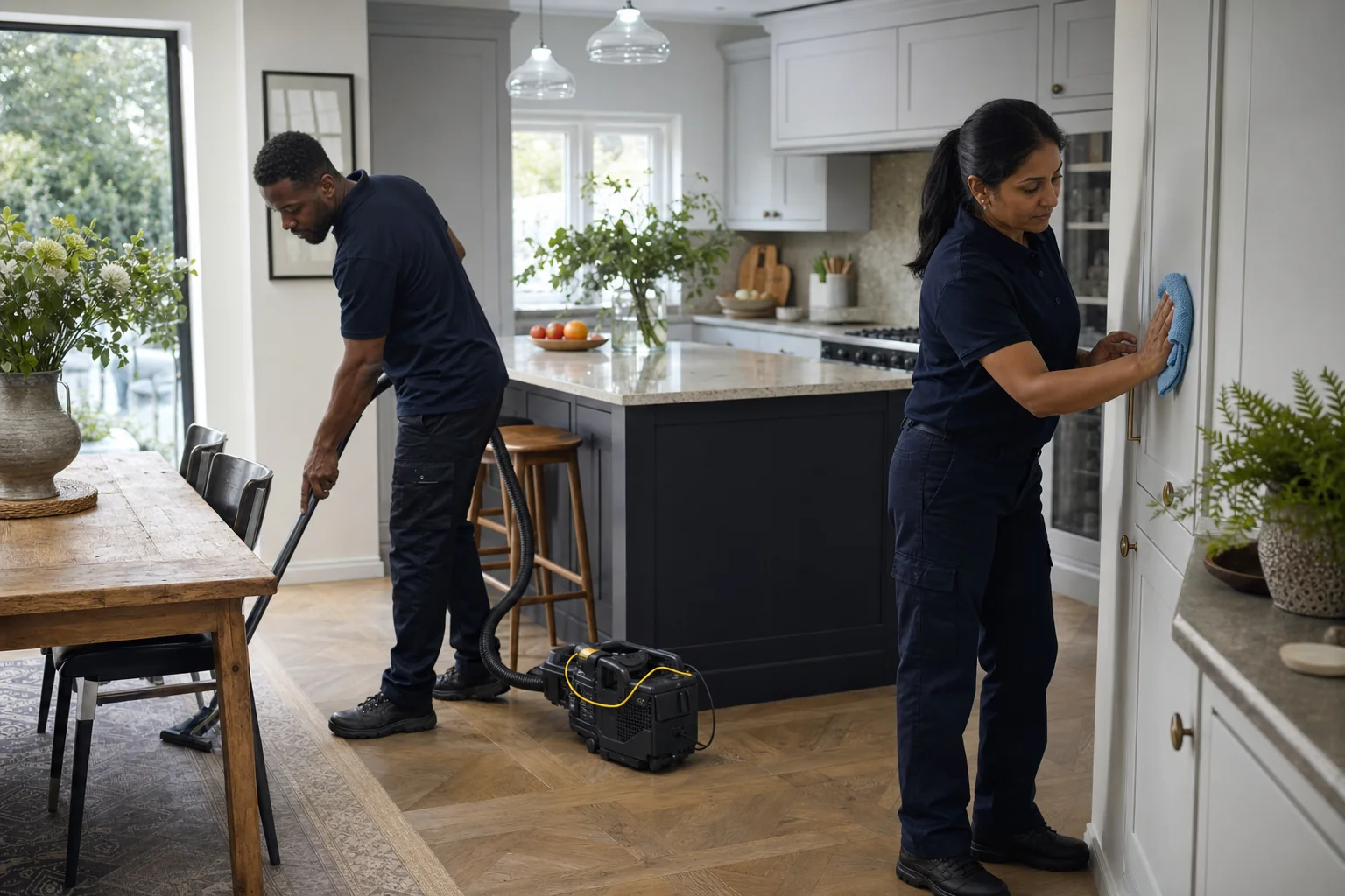 Two domestic cleaners working methodically through the kitchen and dining area of a London home