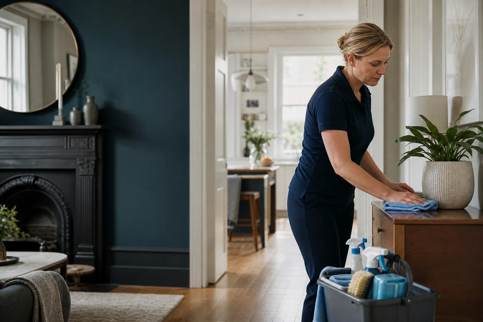 Domestic cleaner caring for a sideboard in a London townhouse