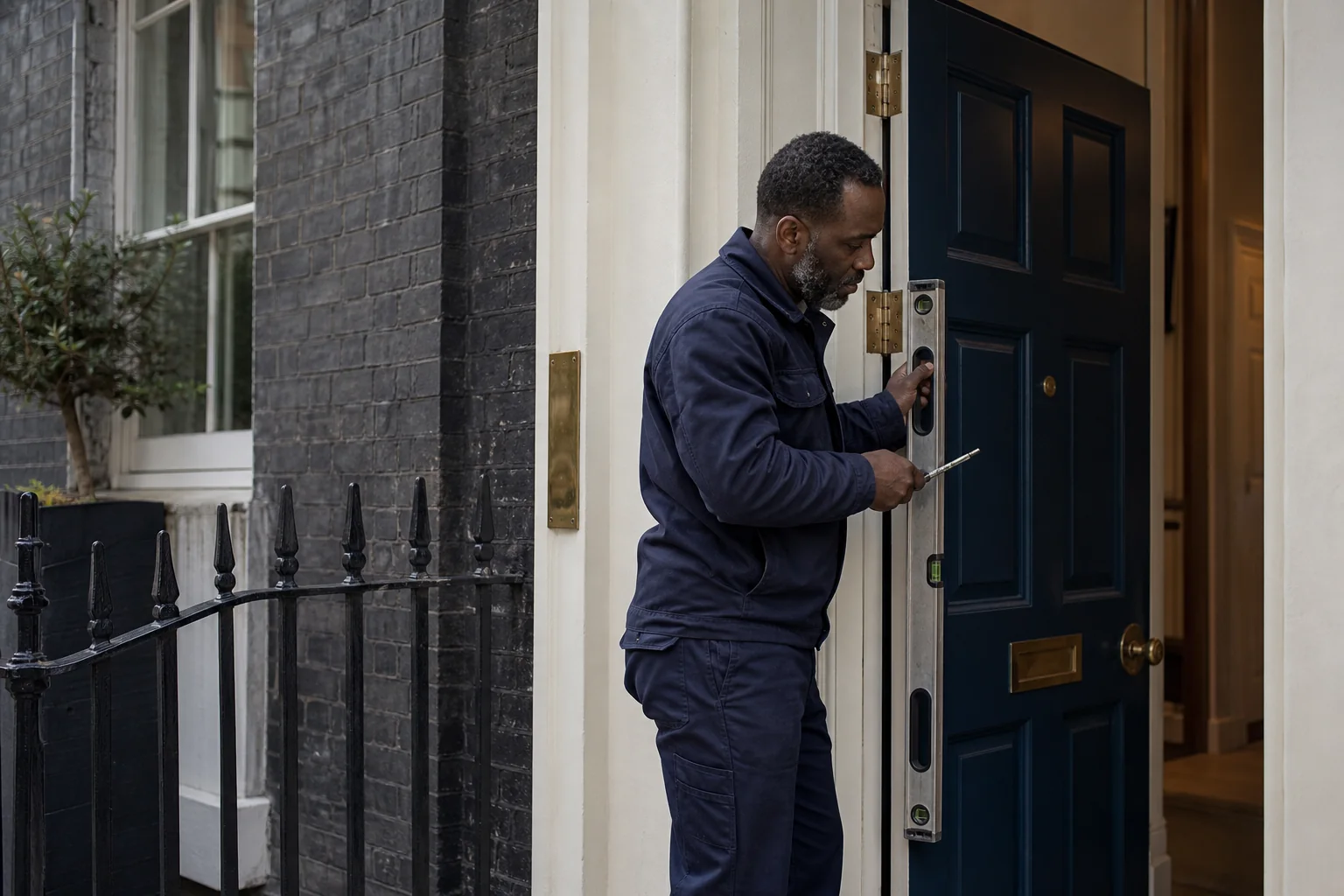 Door repair professional checking the alignment of a timber front door at a London townhouse