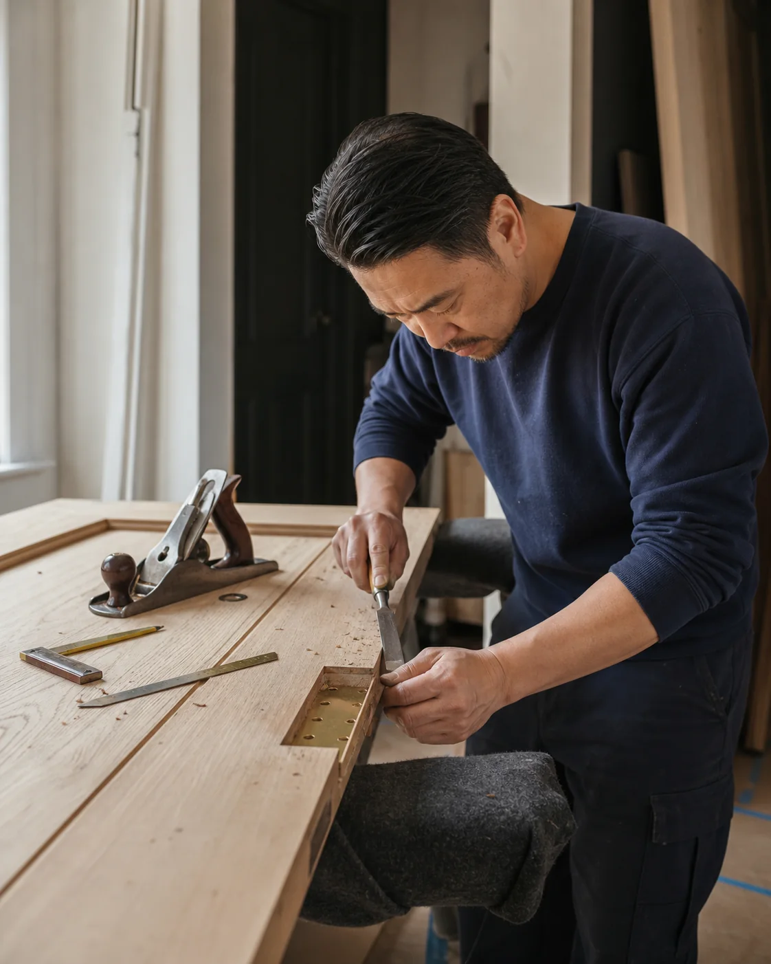 Carpenter carefully repairing a hinge recess in a timber door on protected supports
