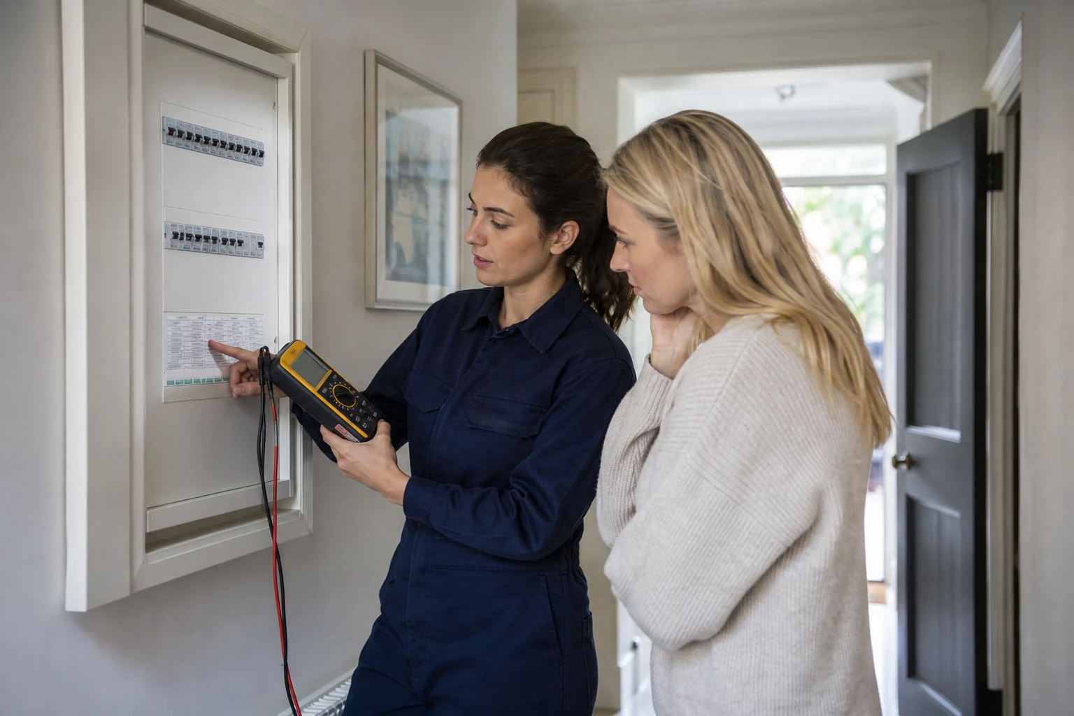 Electrician explaining circuit test results to a homeowner beside an electrical panel
