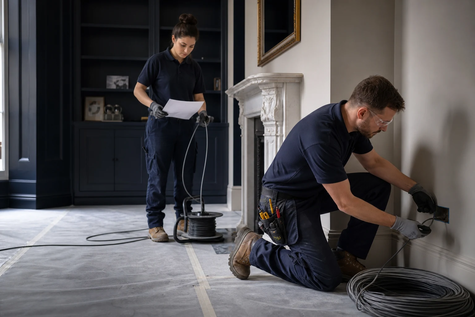 Electrician planning cable routes during a London home rewiring project