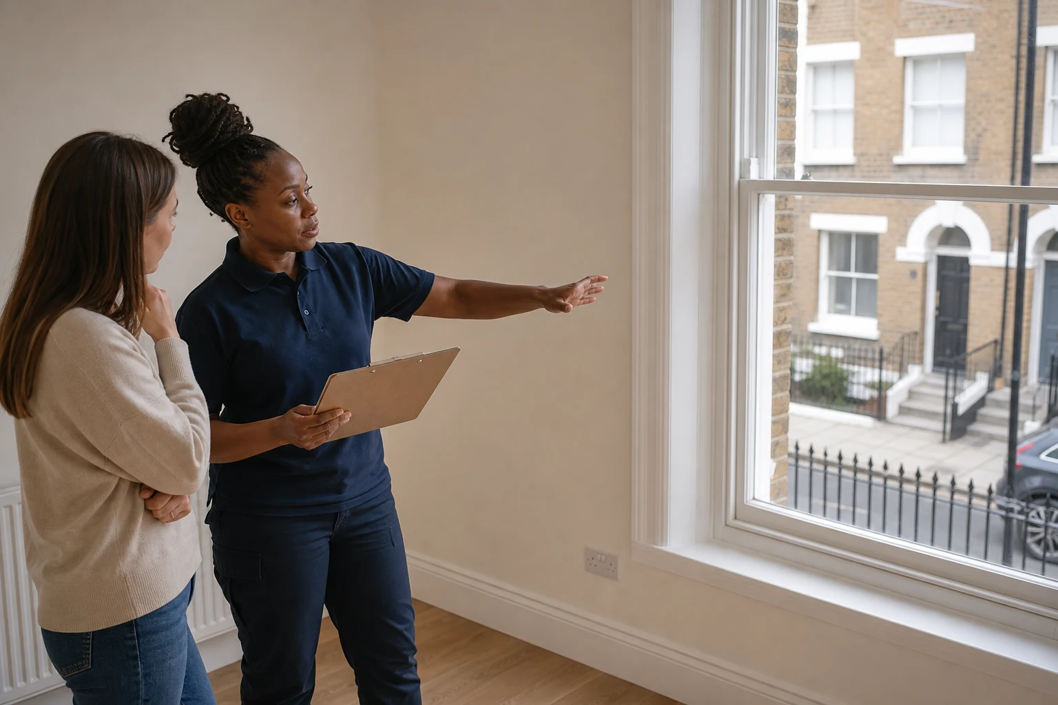 Cleaning professional reviewing a room checklist with a tenant before handover