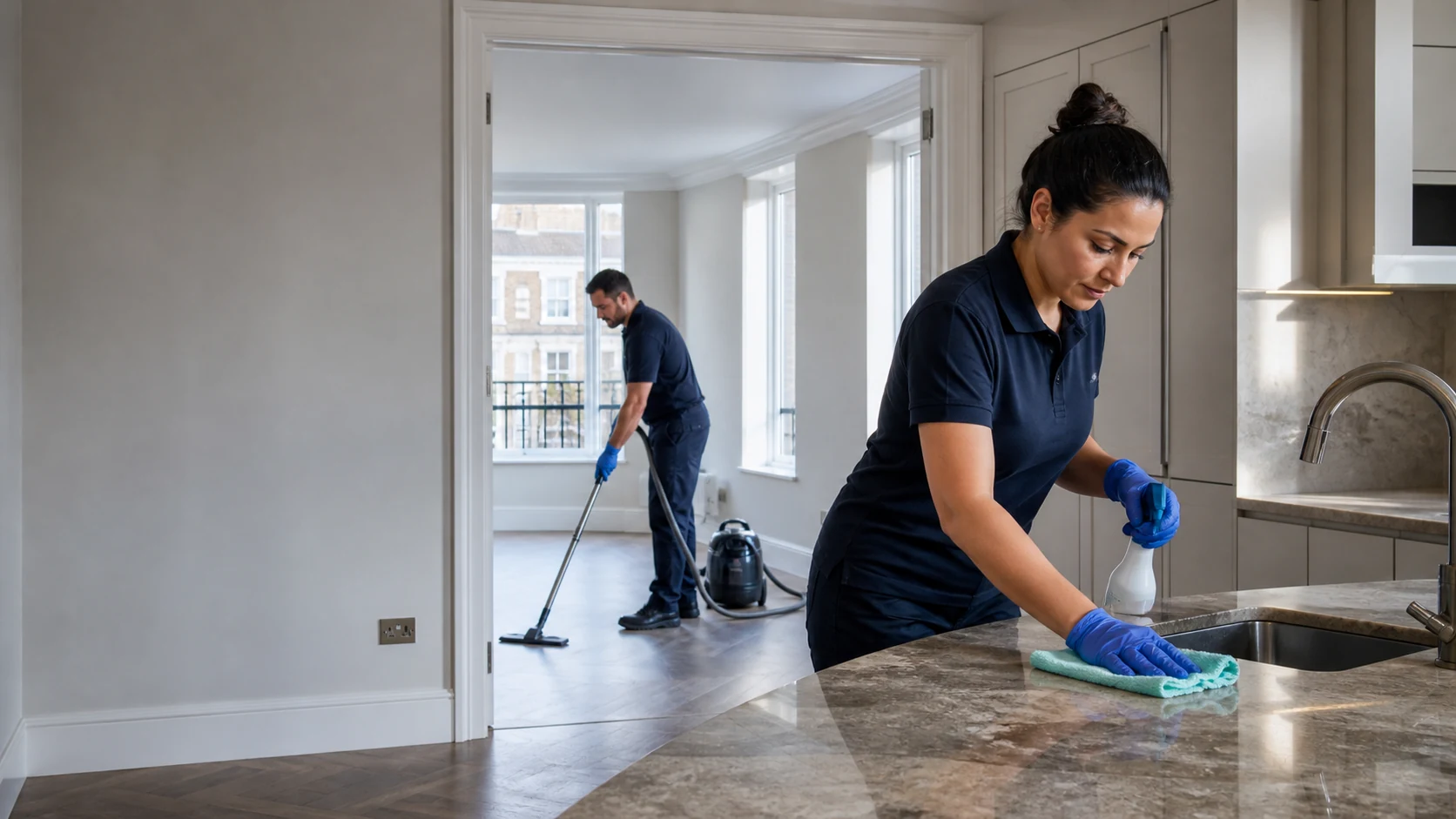 End of tenancy cleaners working through an empty London rental flat