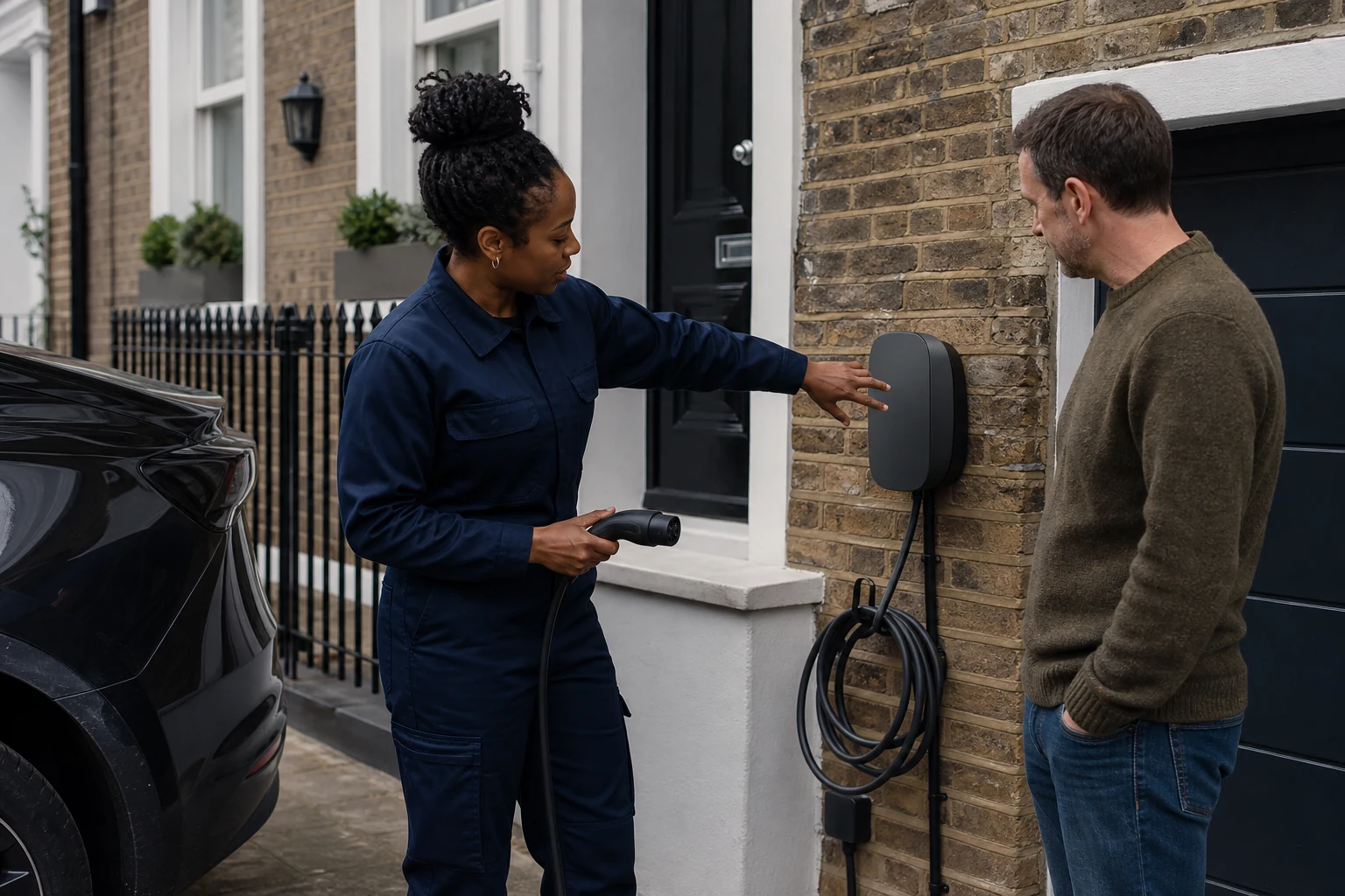 Electrician reviewing EV charger position and cable route with a homeowner