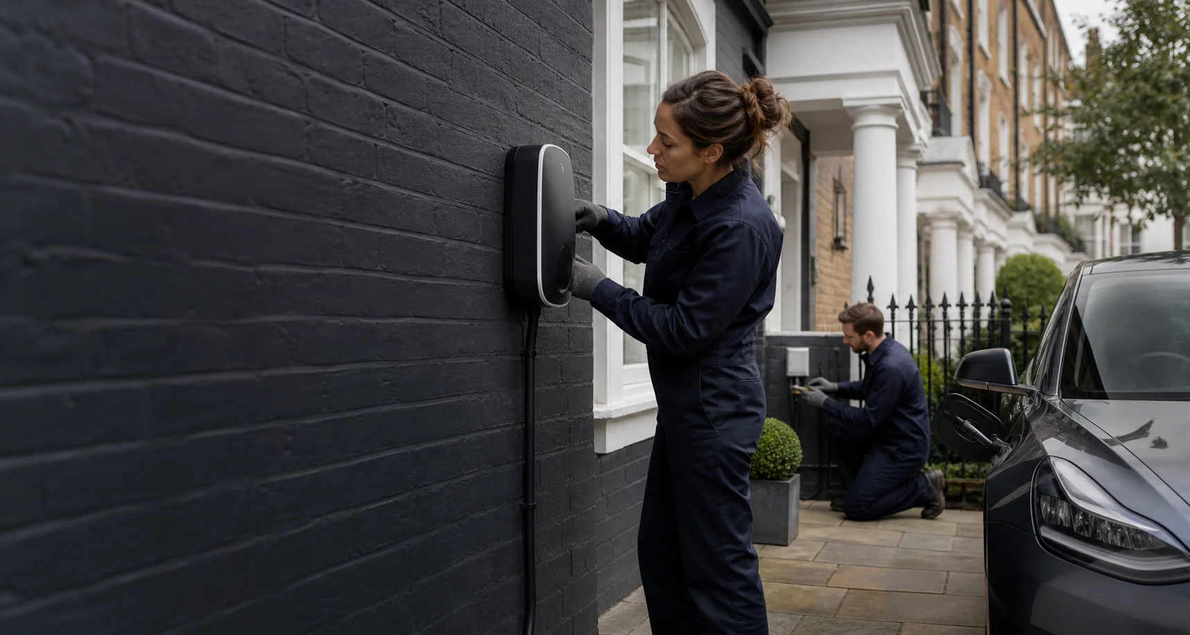 Electrician installing a home EV charger beside a London townhouse driveway