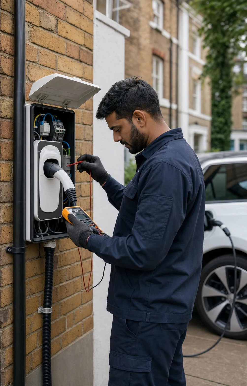 Electrician testing and commissioning a newly installed domestic EV charger