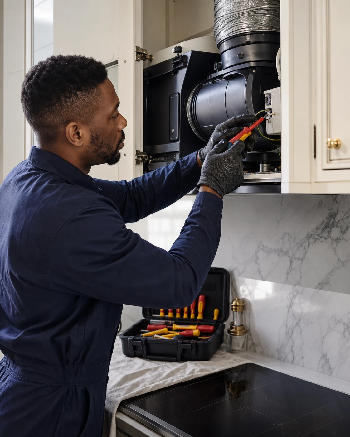 Electrician testing airflow and timer operation on a new extractor fan