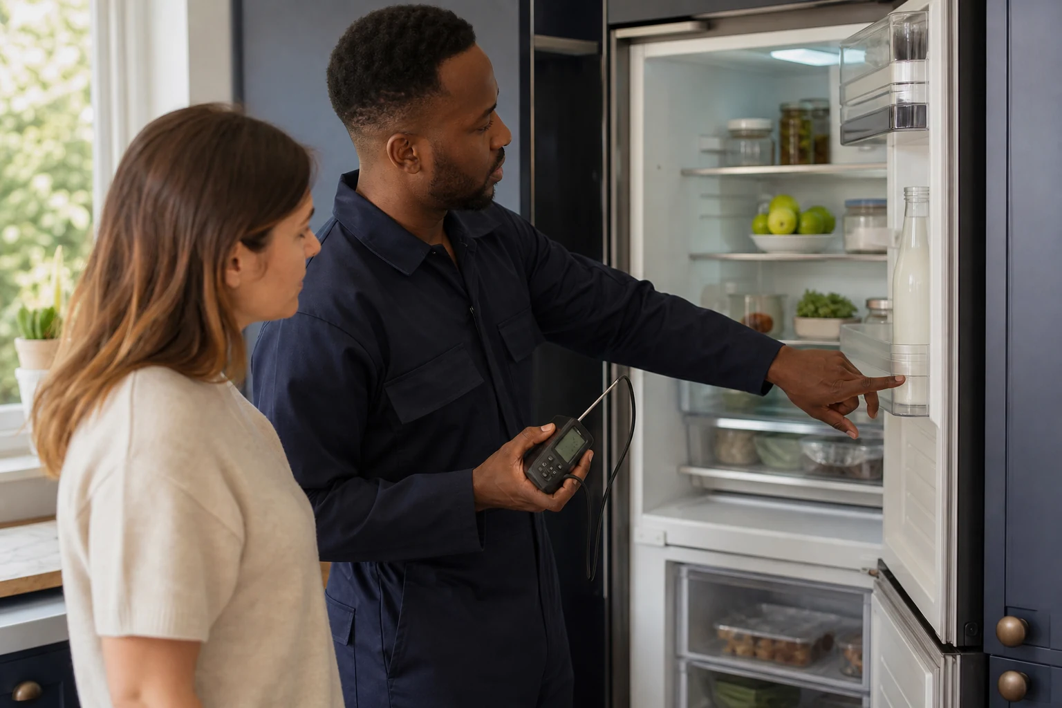 Engineer explaining a fridge temperature and airflow fault to a homeowner