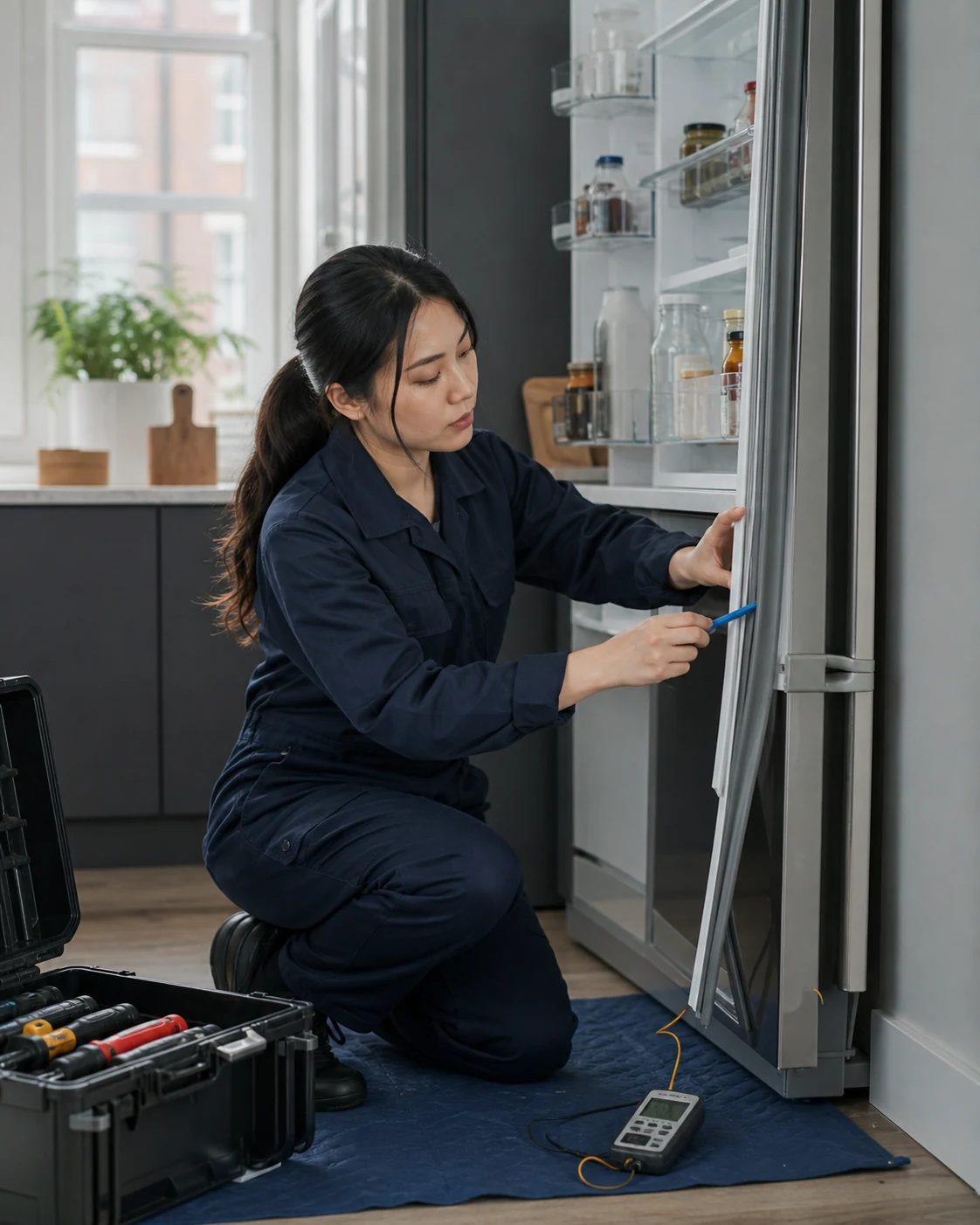 Refrigeration engineer testing a fridge fan and control components on a protected surface