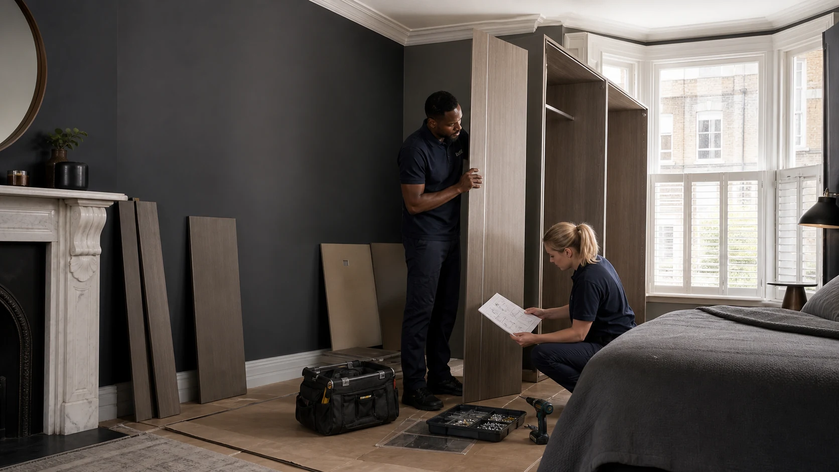 Furniture assembler building a wardrobe in a London bedroom
