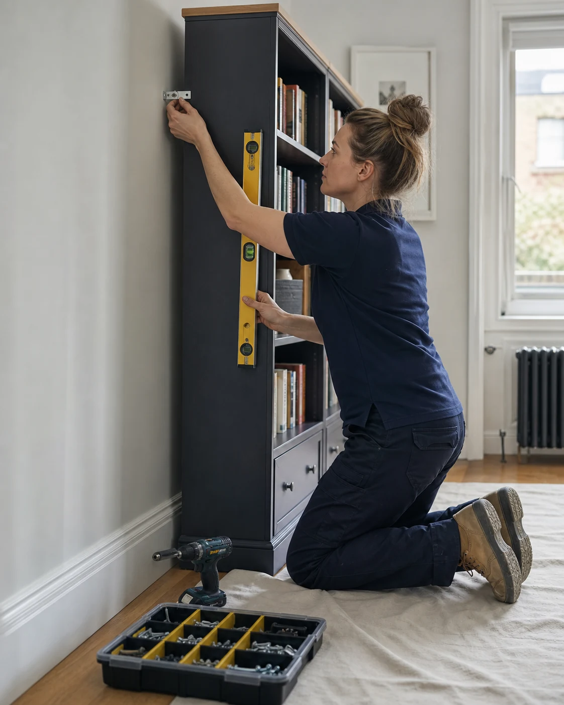 Furniture assembler aligning cabinet doors and securing hardware