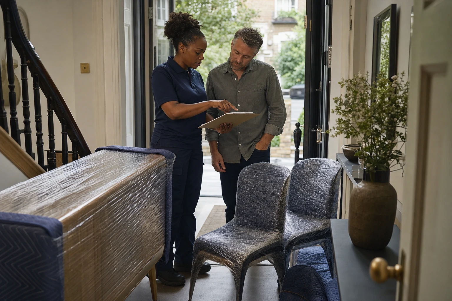 Delivery professional measuring a doorway with a homeowner before moving furniture inside