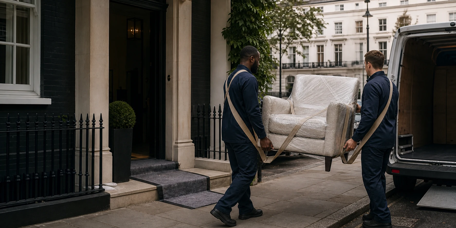 Two movers loading a protected sofa into a van outside a London home