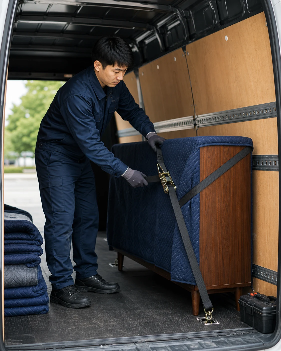 Mover wrapping and securing a timber cabinet for protected transport